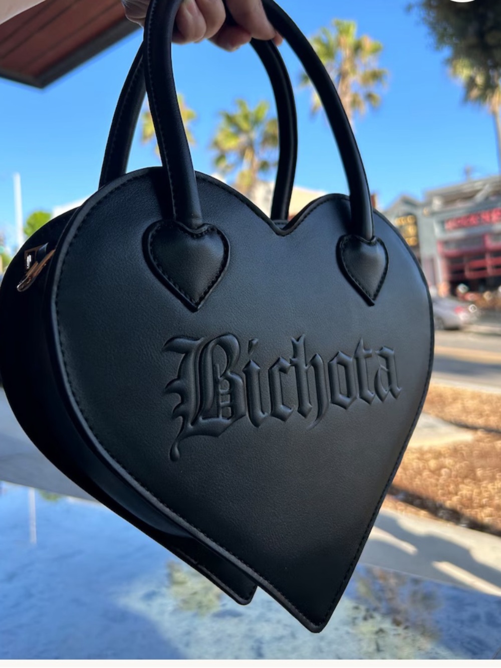 “Bichota” Heart-Shaped Top-Handle Bag in Black